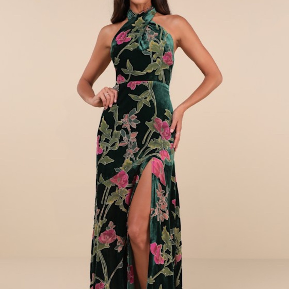 Lulus Flawlessly Gorgeous Green Burnout Floral Halter Maxi Dress - Size S